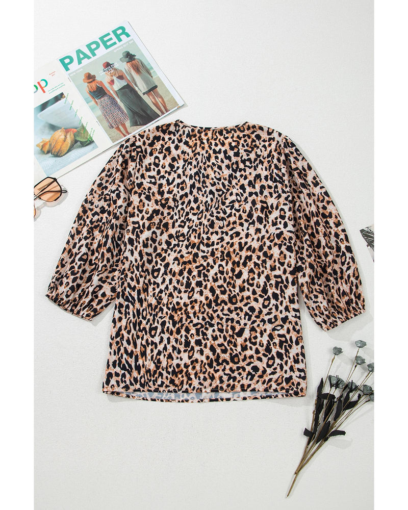 Apricot Leopard V Neck Half Sleeve Blouse - S