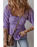 Purple Boho Paisley Print Half Sleeve Shirred Peplum Blouse - L