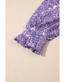 Purple Boho Paisley Print Half Sleeve Shirred Peplum Blouse - L