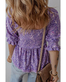 Purple Boho Paisley Print Half Sleeve Shirred Peplum Blouse - L