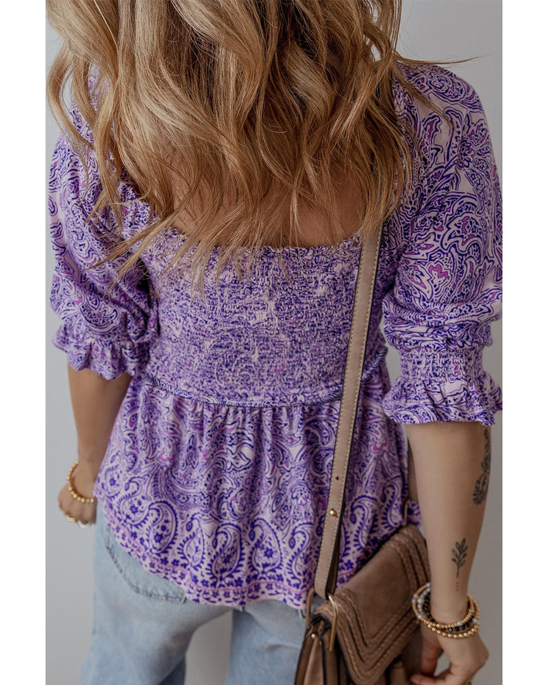 Purple Boho Paisley Print Half Sleeve Shirred Peplum Blouse - L