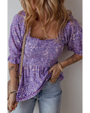Purple Boho Paisley Print Half Sleeve Shirred Peplum Blouse - L