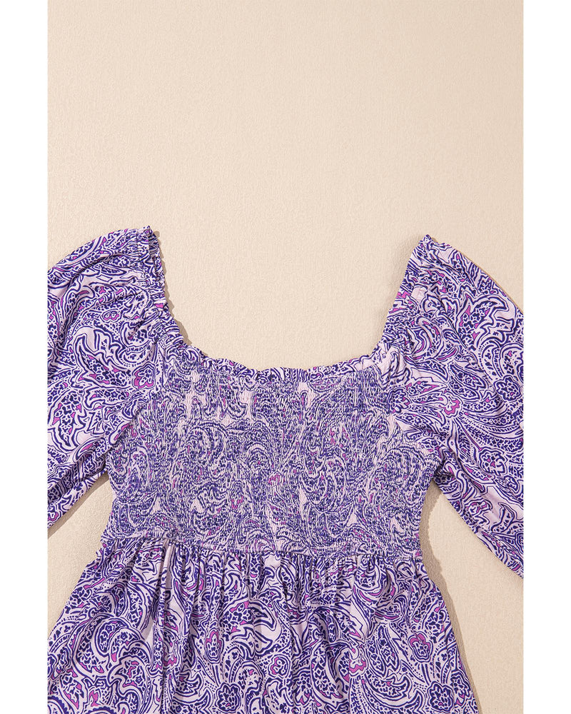 Purple Boho Paisley Print Half Sleeve Shirred Peplum Blouse - L