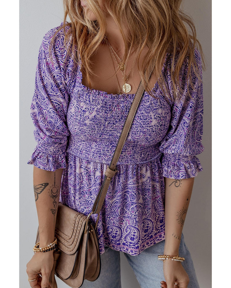 Purple Boho Paisley Print Half Sleeve Shirred Peplum Blouse - M