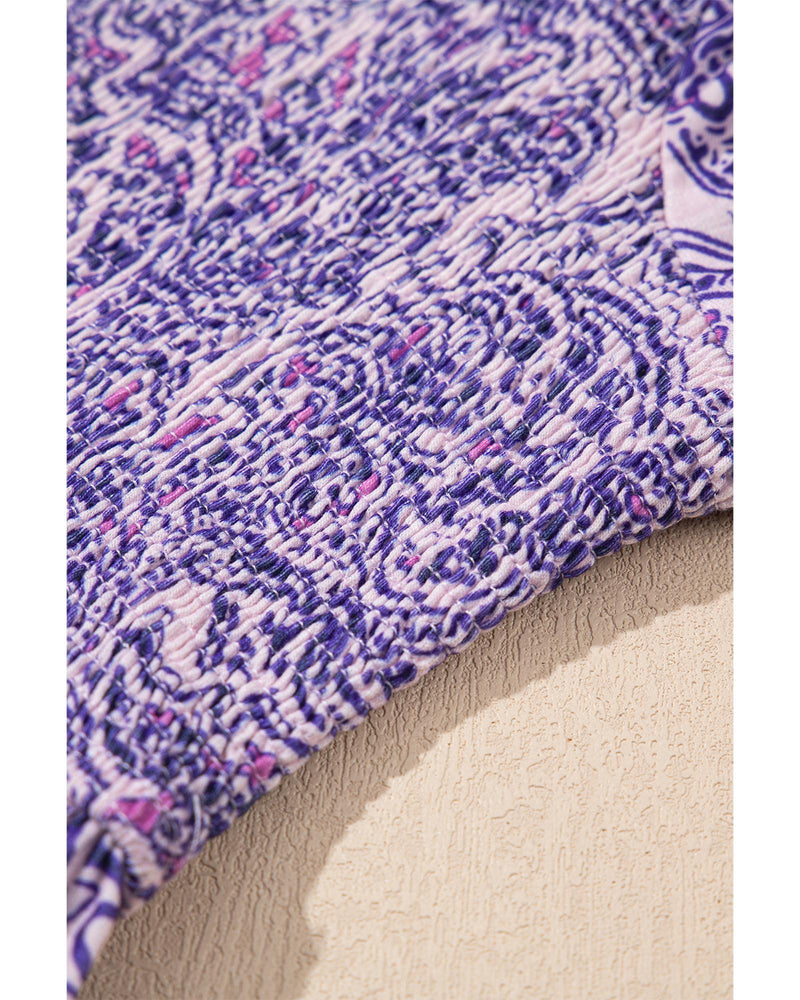 Purple Boho Paisley Print Half Sleeve Shirred Peplum Blouse - M