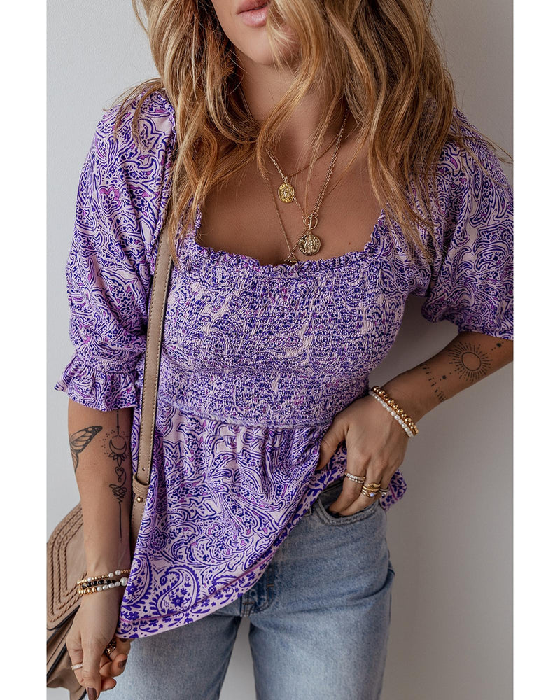 Purple Boho Paisley Print Half Sleeve Shirred Peplum Blouse - S