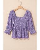 Purple Boho Paisley Print Half Sleeve Shirred Peplum Blouse - S