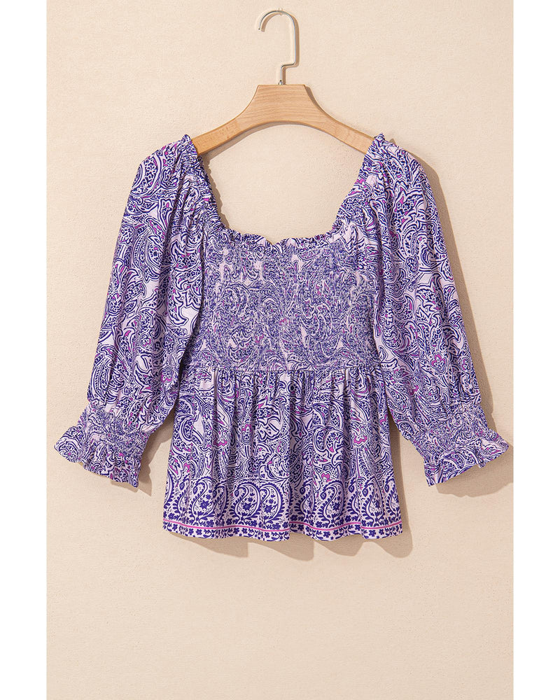 Purple Boho Paisley Print Half Sleeve Shirred Peplum Blouse - S