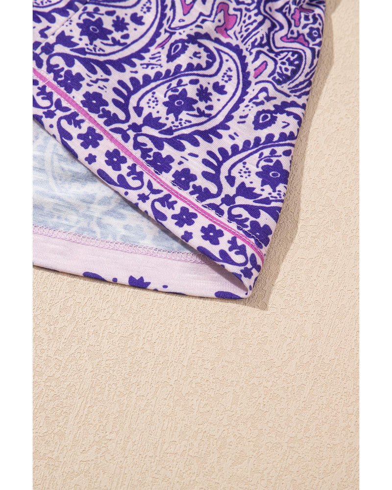 Purple Boho Paisley Print Half Sleeve Shirred Peplum Blouse - S