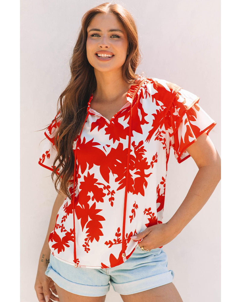 Red Plant Print Tiered Ruffled Sleeve V Neck Blouse - M
