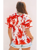 Red Plant Print Tiered Ruffled Sleeve V Neck Blouse - M