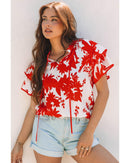 Red Plant Print Tiered Ruffled Sleeve V Neck Blouse - M