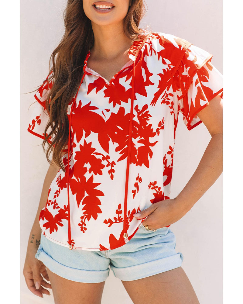 Red Plant Print Tiered Ruffled Sleeve V Neck Blouse - M