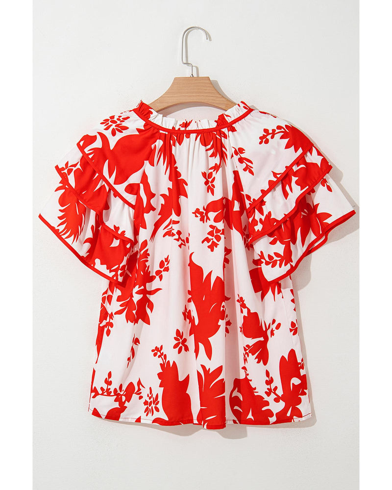 Red Plant Print Tiered Ruffled Sleeve V Neck Blouse - M