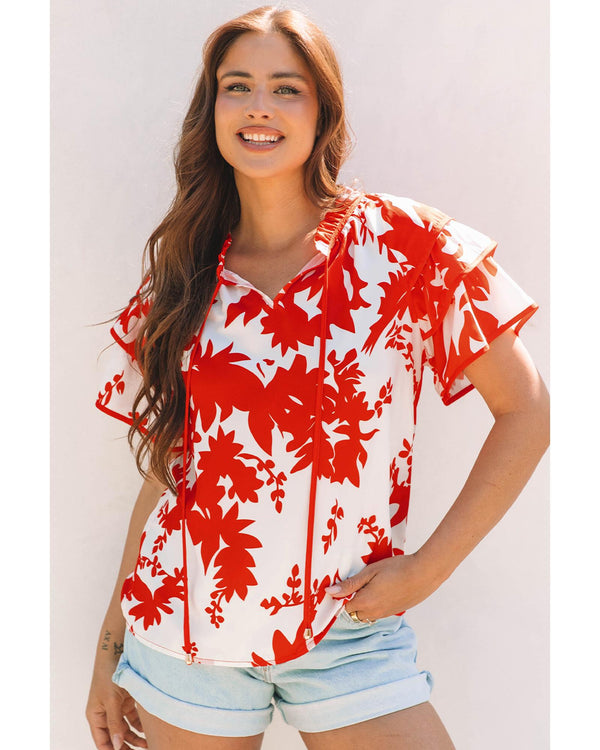 Red Plant Print Tiered Ruffled Sleeve V Neck Blouse - S