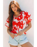 Red Plant Print Tiered Ruffled Sleeve V Neck Blouse - S