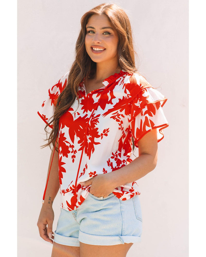 Red Plant Print Tiered Ruffled Sleeve V Neck Blouse - S