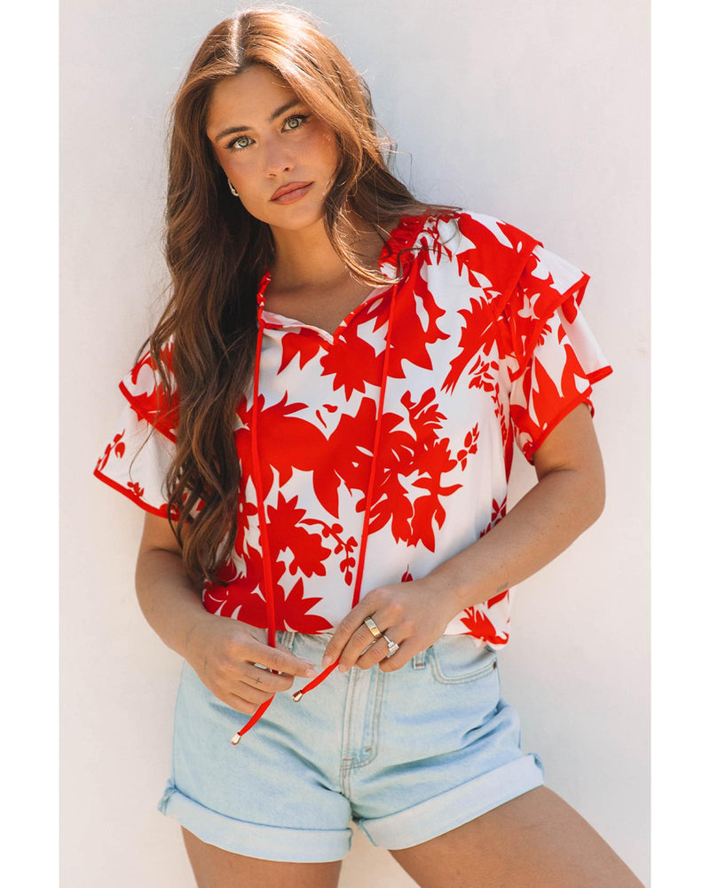 Red Plant Print Tiered Ruffled Sleeve V Neck Blouse - XL
