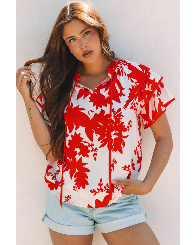 Red Plant Print Tiered Ruffled Sleeve V Neck Blouse - XL