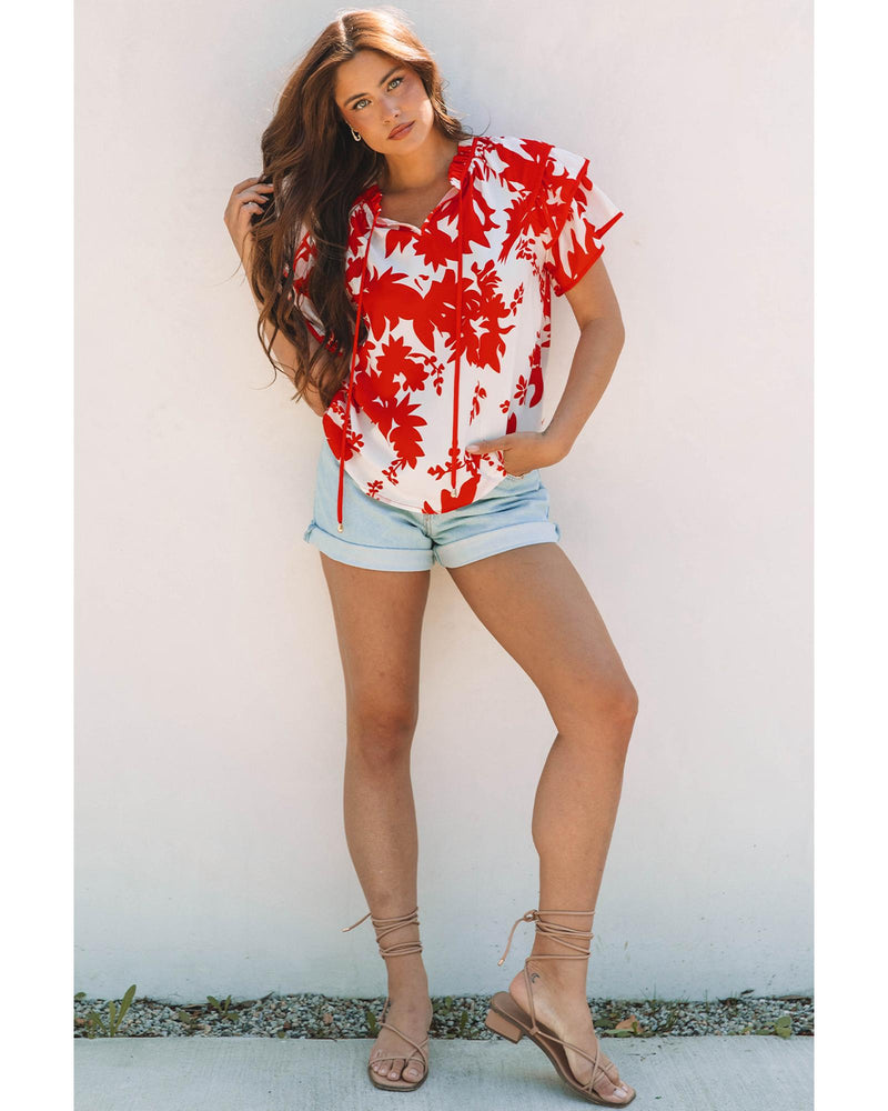 Red Plant Print Tiered Ruffled Sleeve V Neck Blouse - XL