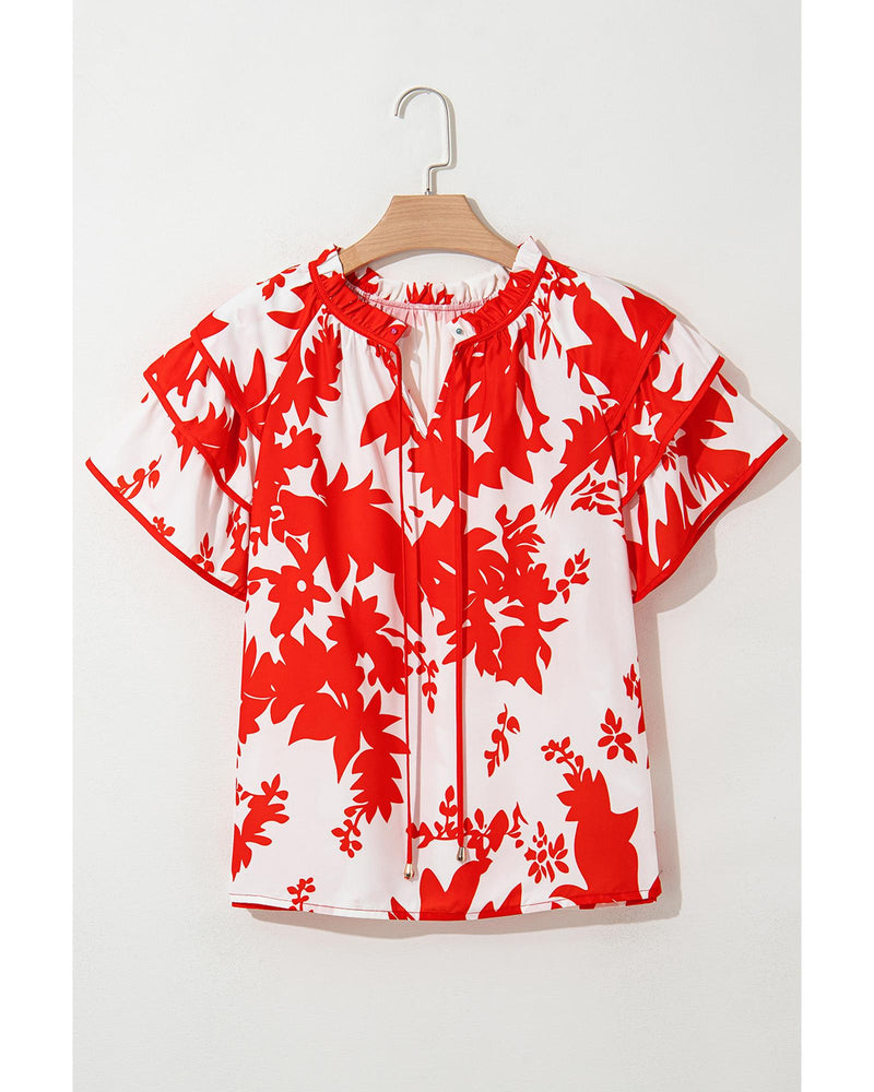 Red Plant Print Tiered Ruffled Sleeve V Neck Blouse - XL