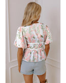 Pink Floral Puff Sleeve V Neck Tied Front Peplum Blouse - L