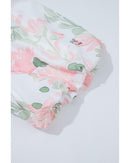 Pink Floral Puff Sleeve V Neck Tied Front Peplum Blouse - L