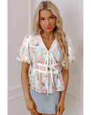 Pink Floral Puff Sleeve V Neck Tied Front Peplum Blouse - M