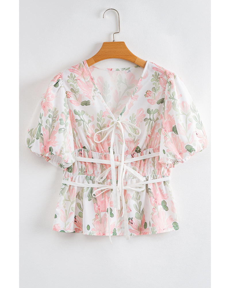 Pink Floral Puff Sleeve V Neck Tied Front Peplum Blouse - M