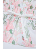 Pink Floral Puff Sleeve V Neck Tied Front Peplum Blouse - M