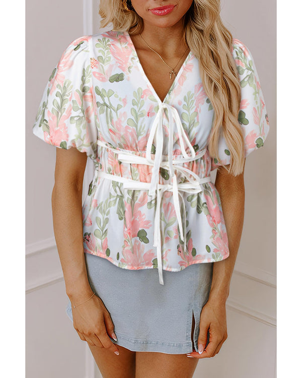 Pink Floral Puff Sleeve V Neck Tied Front Peplum Blouse - S