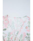 Pink Floral Puff Sleeve V Neck Tied Front Peplum Blouse - S