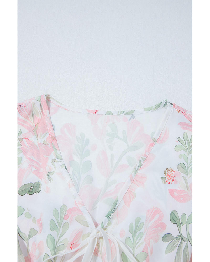 Pink Floral Puff Sleeve V Neck Tied Front Peplum Blouse - S