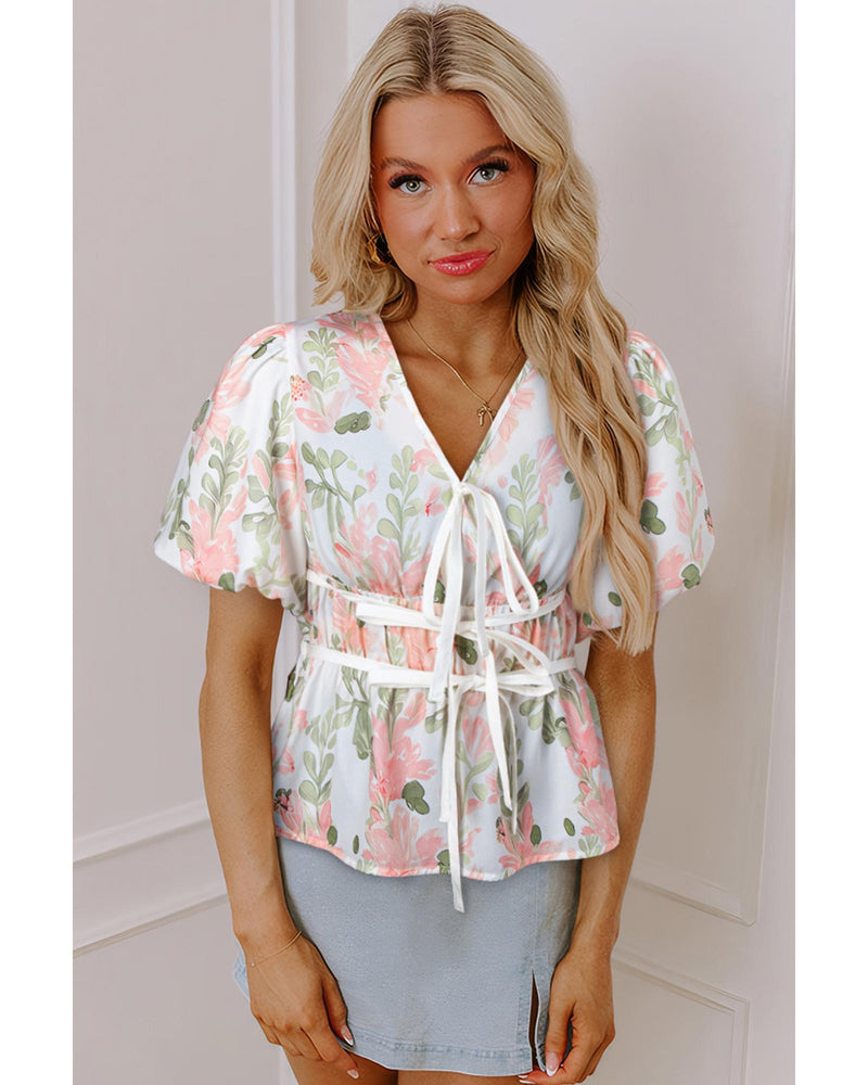 Pink Floral Puff Sleeve V Neck Tied Front Peplum Blouse - XL
