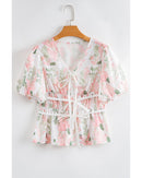 Pink Floral Puff Sleeve V Neck Tied Front Peplum Blouse - XL