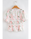 Pink Floral Puff Sleeve V Neck Tied Front Peplum Blouse - XL