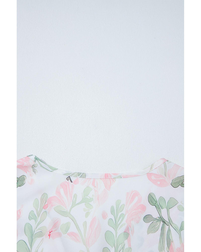 Pink Floral Puff Sleeve V Neck Tied Front Peplum Blouse - XL