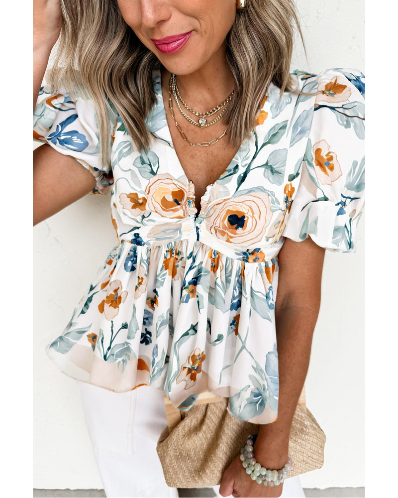 Green Floral Print Puff Sleeve V Neck Babydoll Blouse - XL