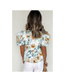 Green Floral Print Puff Sleeve V Neck Babydoll Blouse - XL