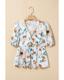 Green Floral Print Puff Sleeve V Neck Babydoll Blouse - XL