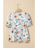 Green Floral Print Puff Sleeve V Neck Babydoll Blouse - XL