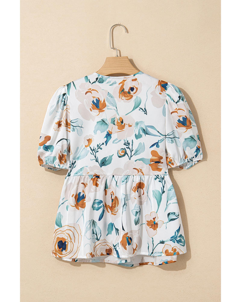 Green Floral Print Puff Sleeve V Neck Babydoll Blouse - XL