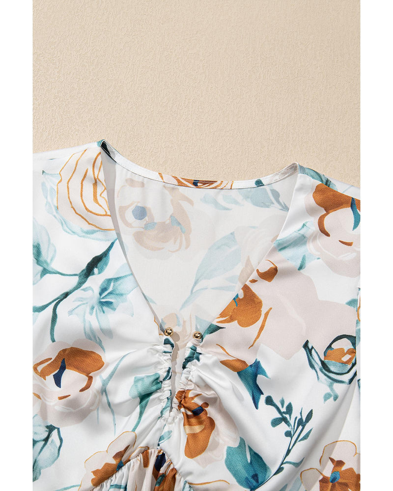 Green Floral Print Puff Sleeve V Neck Babydoll Blouse - XL