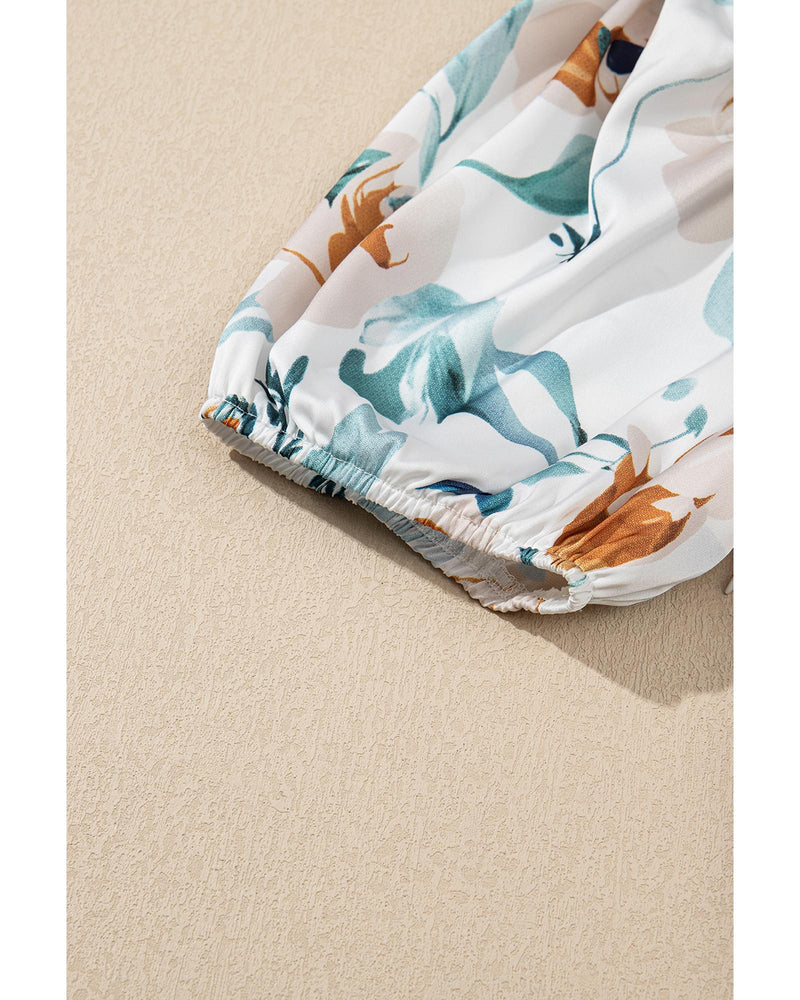 Green Floral Print Puff Sleeve V Neck Babydoll Blouse - XL