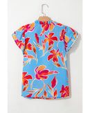 Sky Blue Floral Print V Neck Pompom Trim Flutter Sleeve Blouse - L