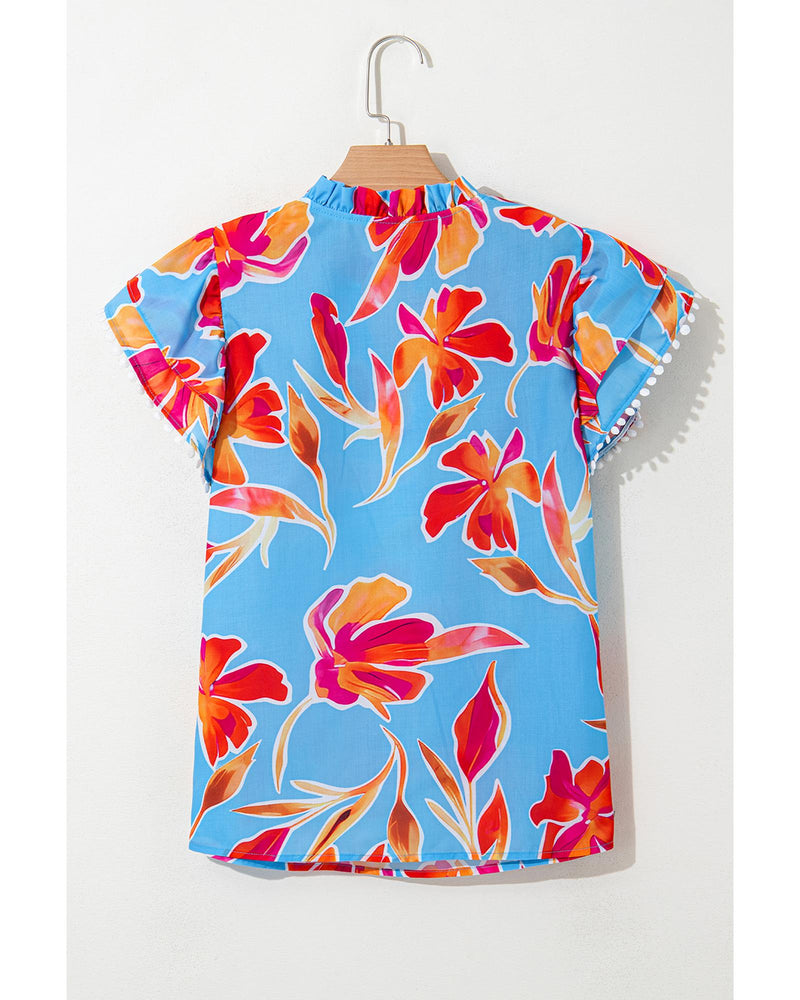 Sky Blue Floral Print V Neck Pompom Trim Flutter Sleeve Blouse - L