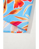 Sky Blue Floral Print V Neck Pompom Trim Flutter Sleeve Blouse - L