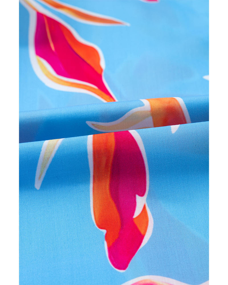 Sky Blue Floral Print V Neck Pompom Trim Flutter Sleeve Blouse - L