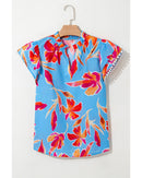 Sky Blue Floral Print V Neck Pompom Trim Flutter Sleeve Blouse - M