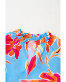 Sky Blue Floral Print V Neck Pompom Trim Flutter Sleeve Blouse - M